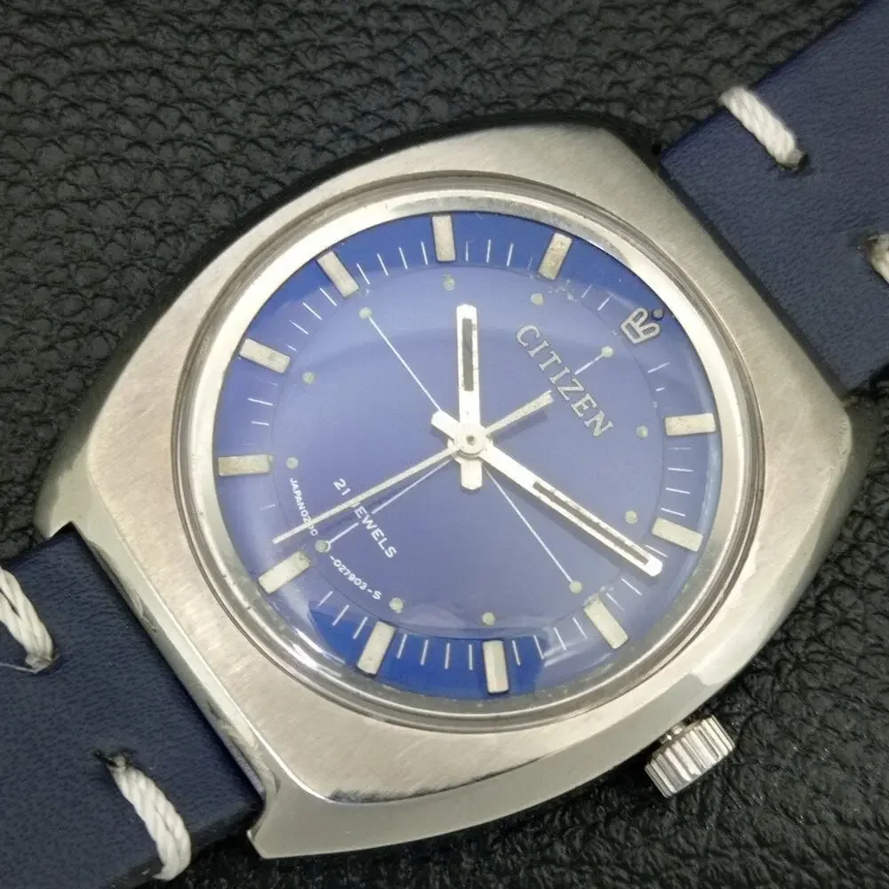 Vintage 1980 Citizen Manual Wound Mens Silver Watch & Blue accents